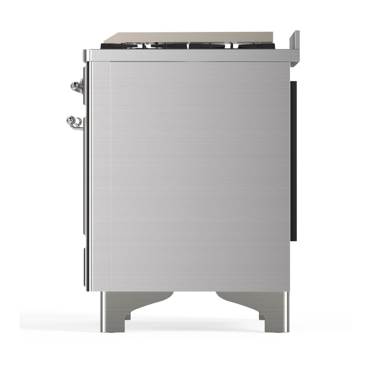 Stainless steel dual fuel range side view with raised backguard and side handles