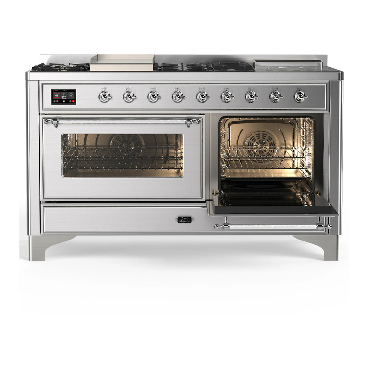 Stainless steel dual fuel range with two oven doors and glass panels, chrome trim and knobs.