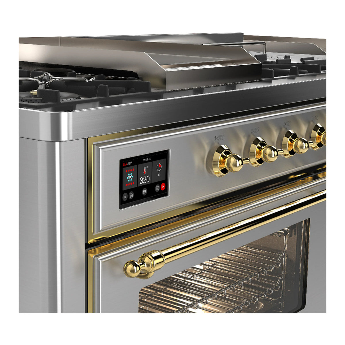 Stainless steel dual fuel range with brass knobs and digital control panel