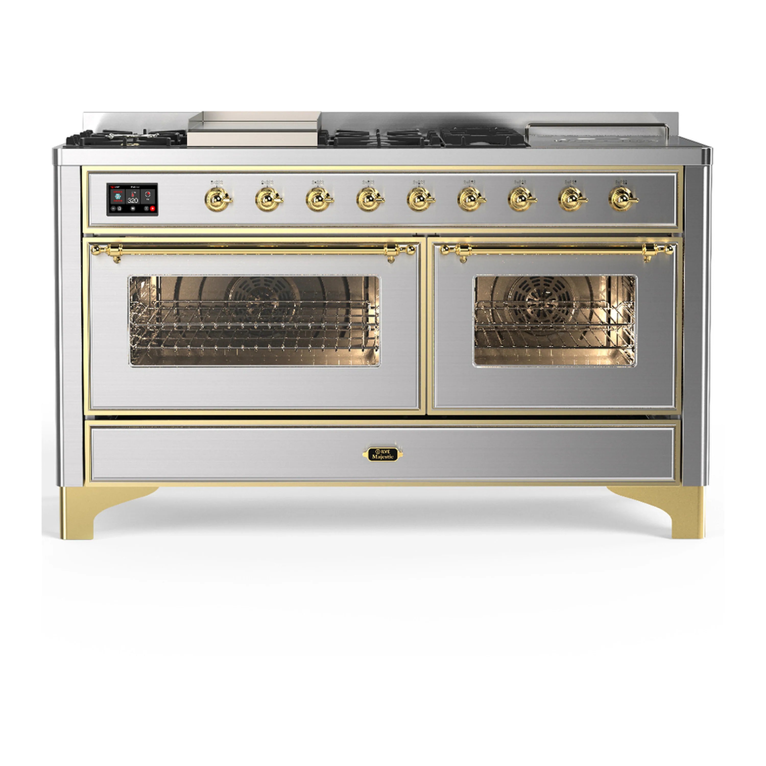 Dual fuel range with two glass oven doors, stainless steel body, brass trim, front controls