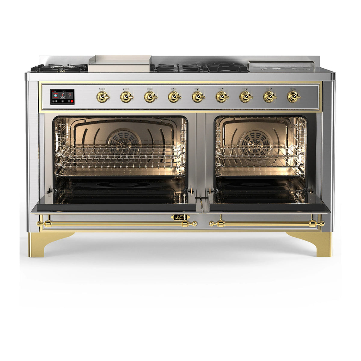 Dual fuel range front view with two open ovens, stainless steel and brass trim, control panel
