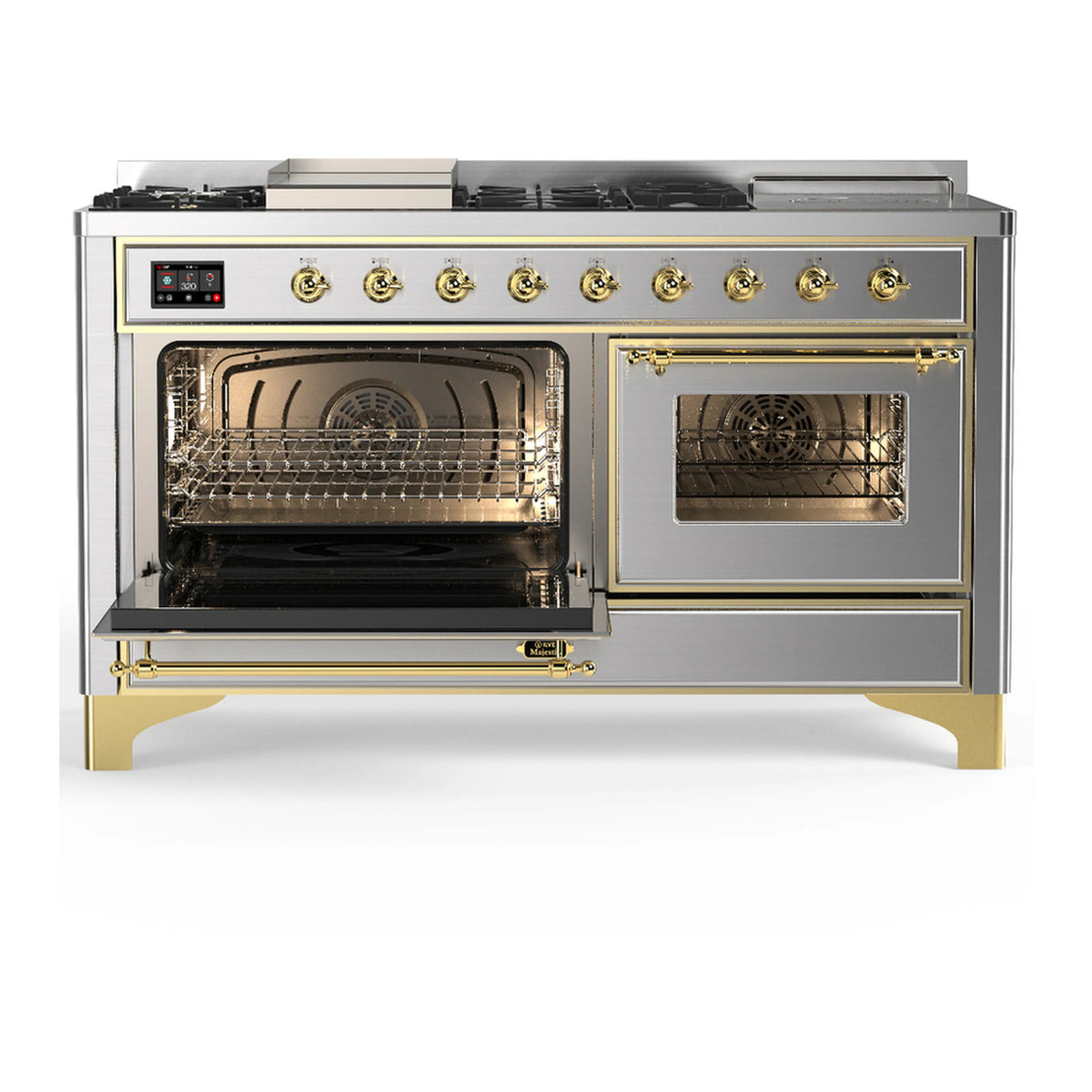 Dual fuel range with one oven door open, stainless steel and brass trim, front burner controls