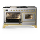 ILVE Majestic III 60-inch Dual Fuel Range with 7 Natural Gas Burner, Griddle, French Top and Triple Glass Door Electric Oven in Stainless Steel with Brass Trim (UM60FSNR3SSG)