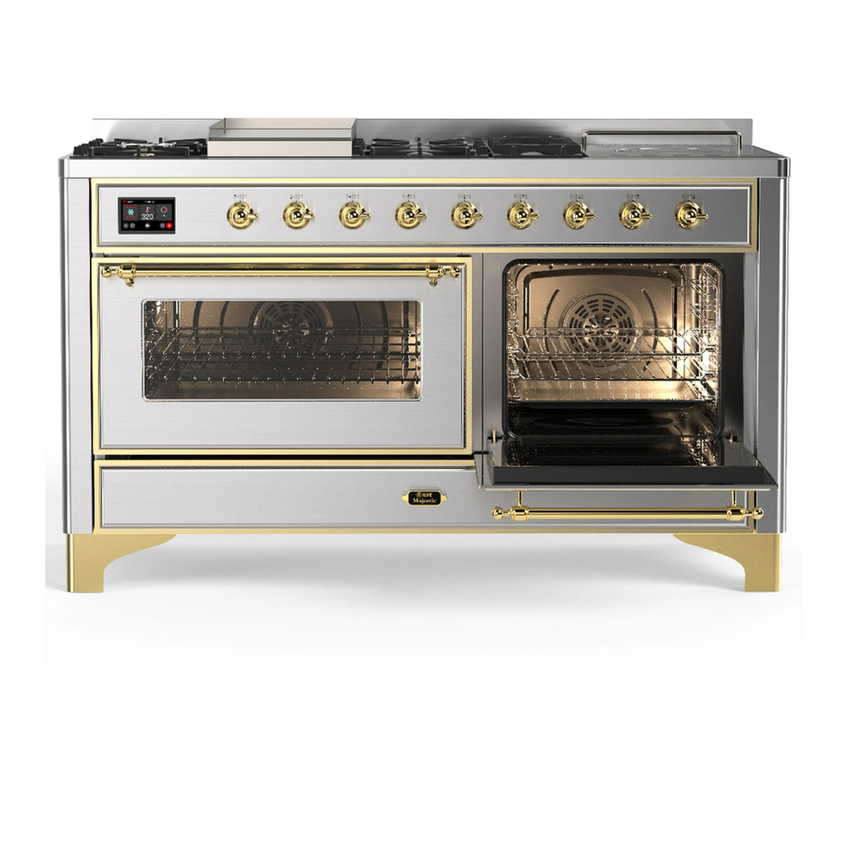 Dual fuel range with both oven doors open, stainless steel finish and brass trim accents