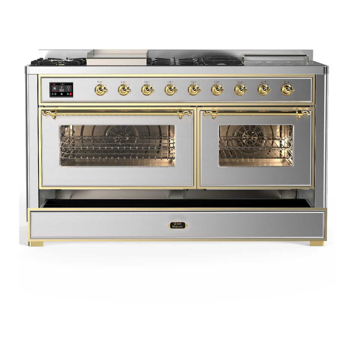 Dual fuel range front view with two glass oven doors and stainless steel brass-trim frame