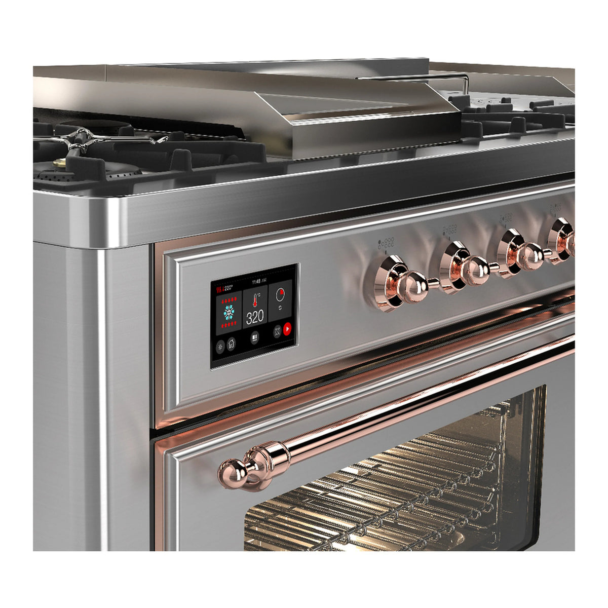 Dual fuel range control panel with copper-trim accents, stainless steel display and knobs.