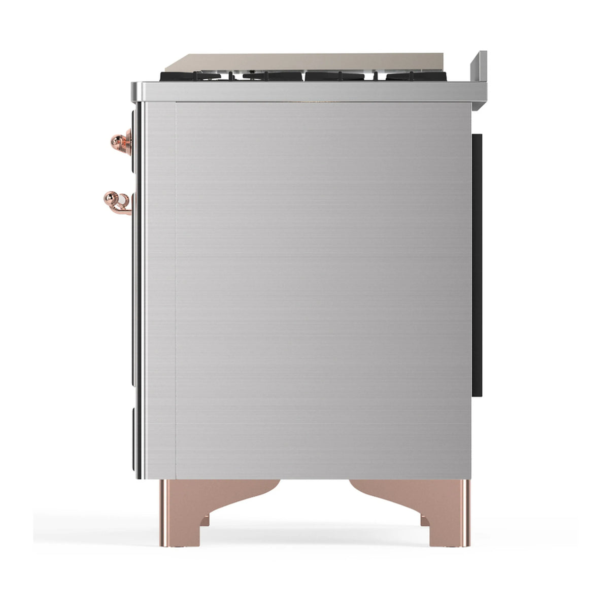 Stainless steel dual fuel range rear-side panel with copper trim legs and side handle.