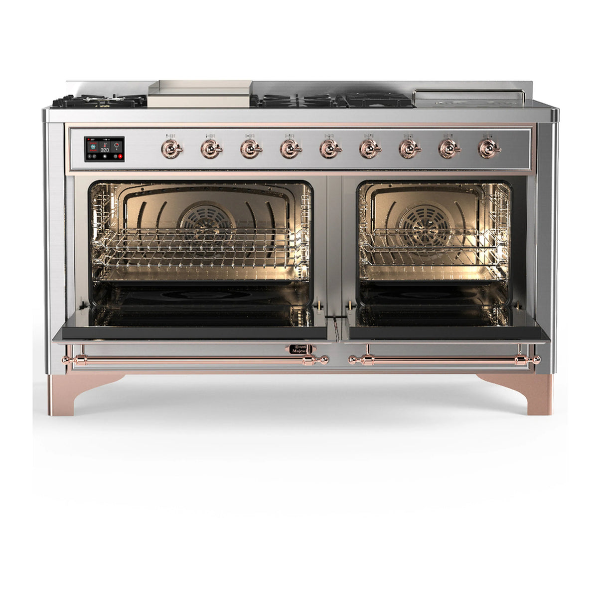 Stainless dual fuel range with copper trim, both oven doors open to reveal racks