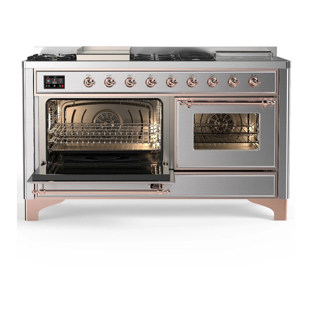 Stainless dual fuel range with copper trim, left oven door open, two burners visible