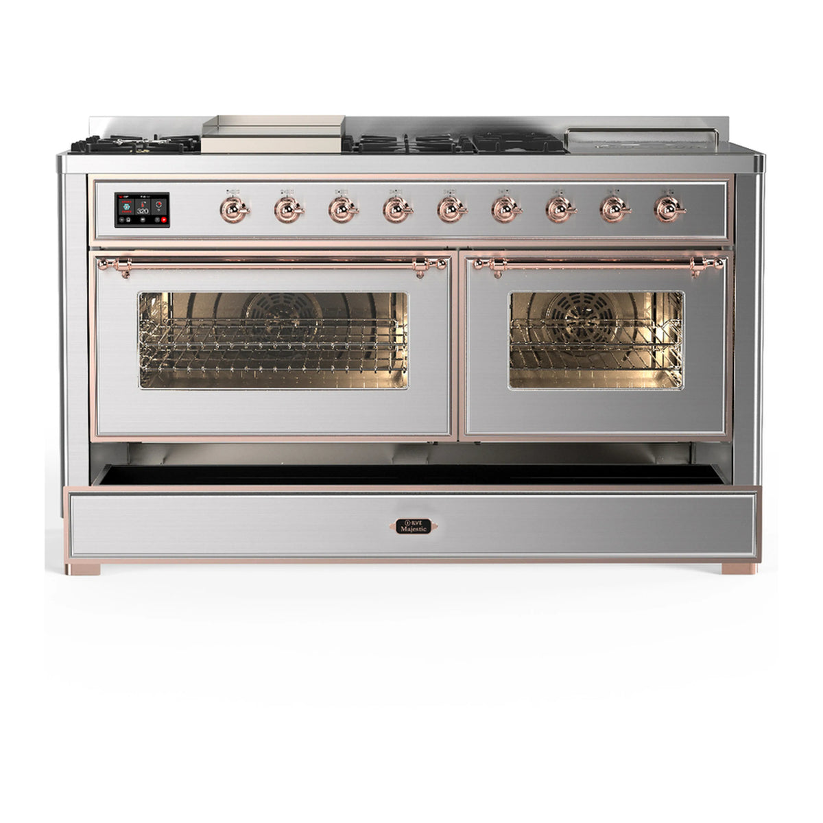 Stainless dual fuel range with copper trim, oven doors open and lower drawer closed