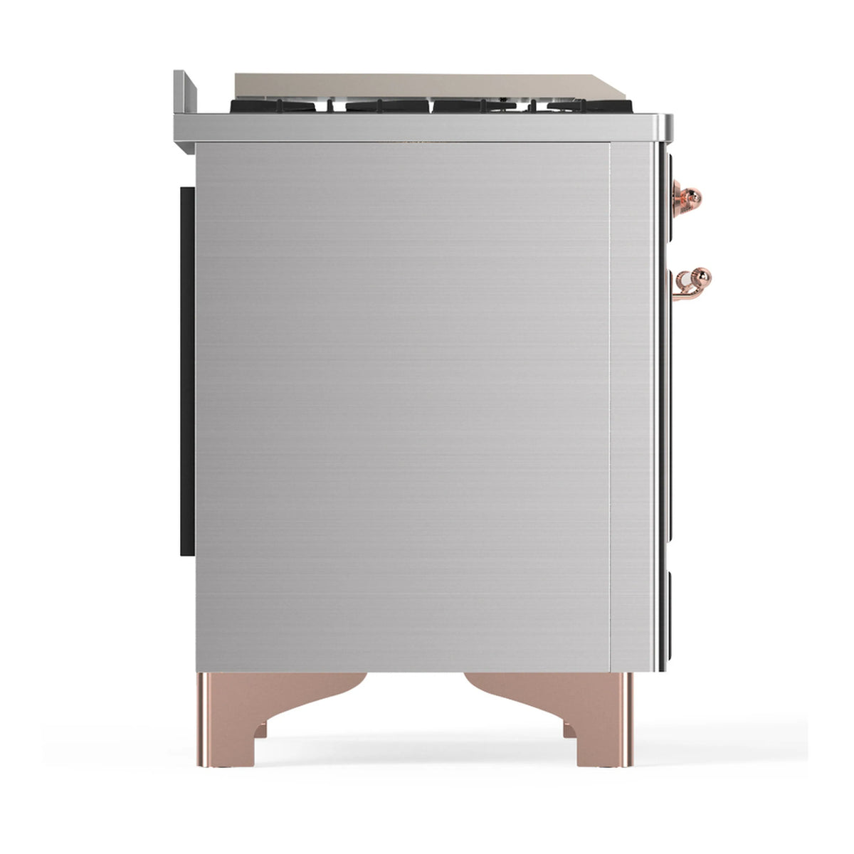 Stainless dual fuel range side view with copper legs and control-side hardware