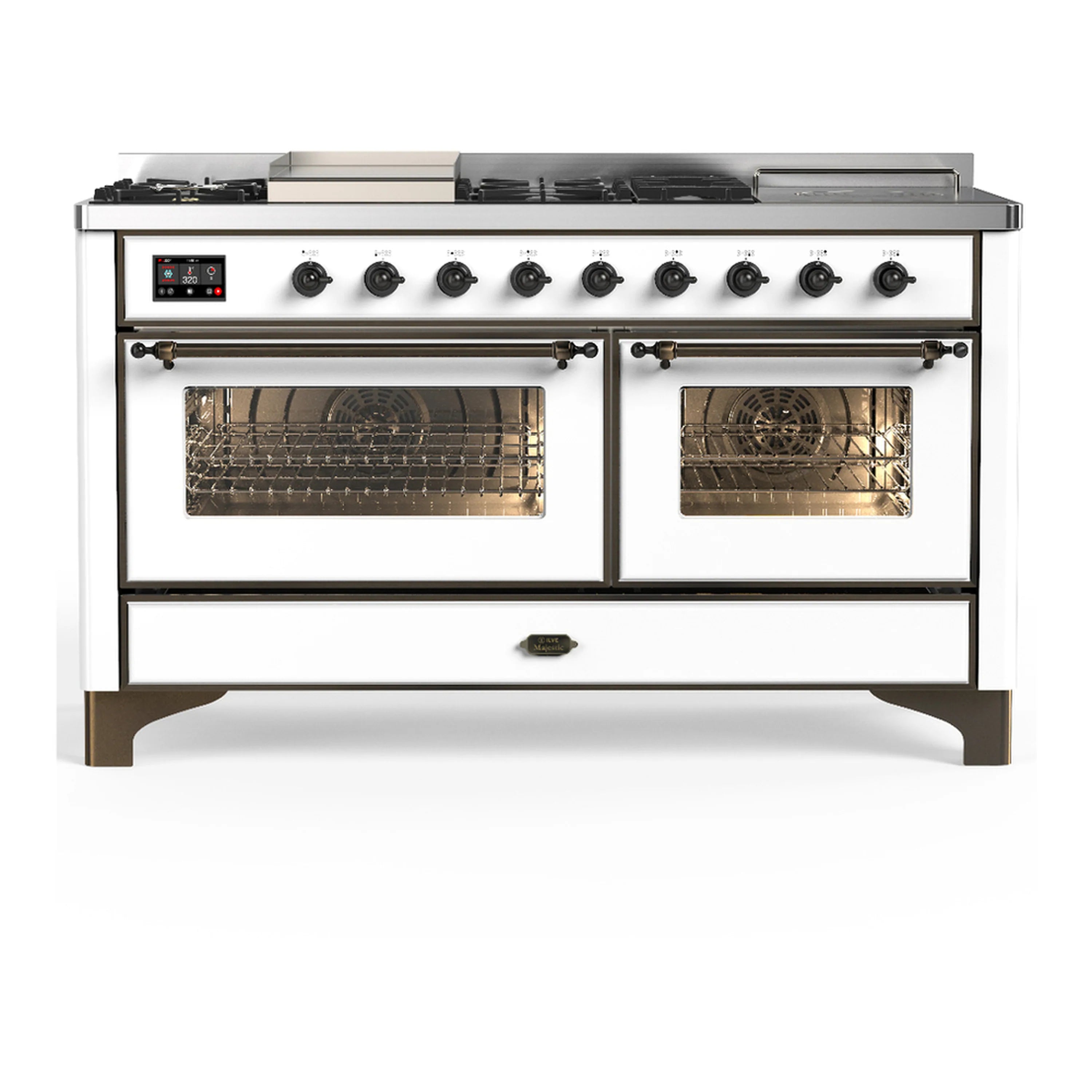 White dual-fuel range with two oven doors, control knobs, and burnished trim