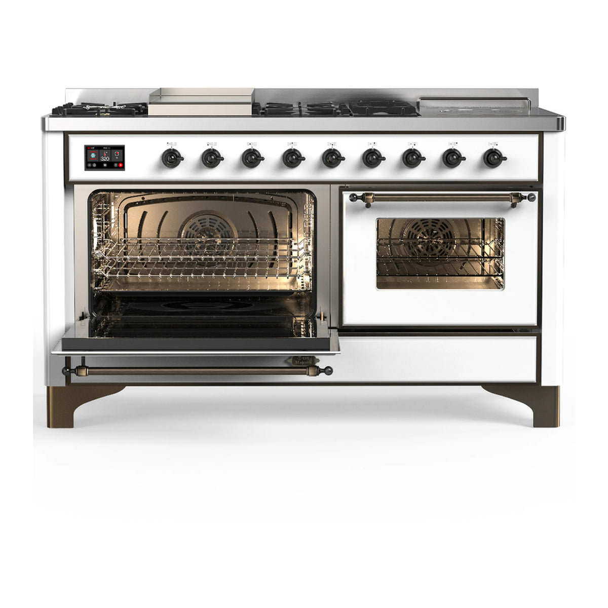 White dual-fuel range with one oven door open and the other closed, visible racks