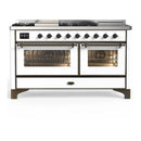 ILVE Majestic III 60-inch Dual Fuel Range with 7 Natural Gas Burner, Griddle, French Top and Triple Glass Door Electric Oven in White with Burnished Trim (UM60FSNR3WHB)