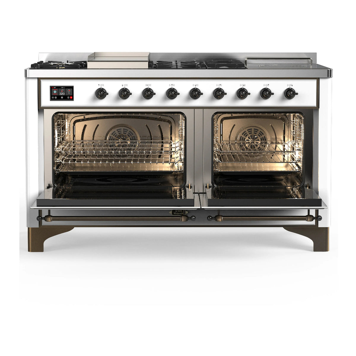 White dual fuel range with both electric oven doors open, wire racks inside, control panel