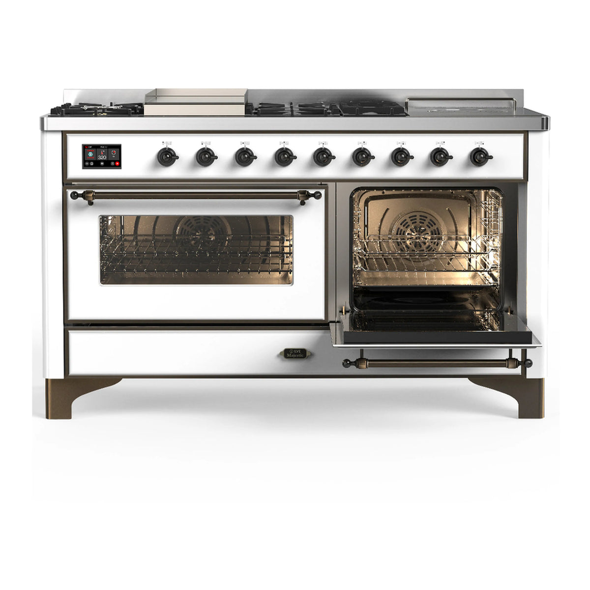 White dual fuel range with one oven door open, other door closed, burner control knobs
