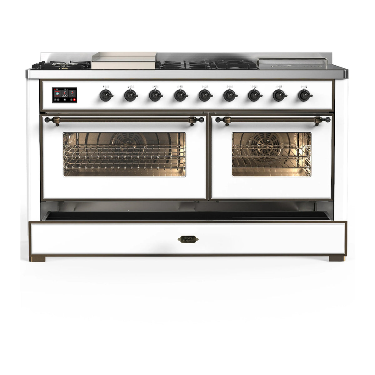 White dual fuel range with oven doors open and drawer below, showing interior oven racks