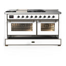 ILVE Majestic III 60-inch Dual Fuel Range with 7 Natural Gas Burner, Griddle, French Top and Triple Glass Door Electric Oven in White with Burnished Trim (UM60FSNR3WHB)