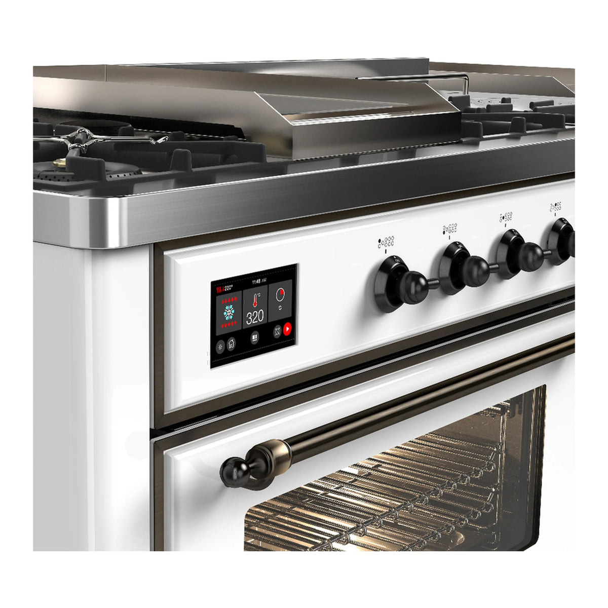 White dual fuel range control panel with display and knobs, plus open oven door