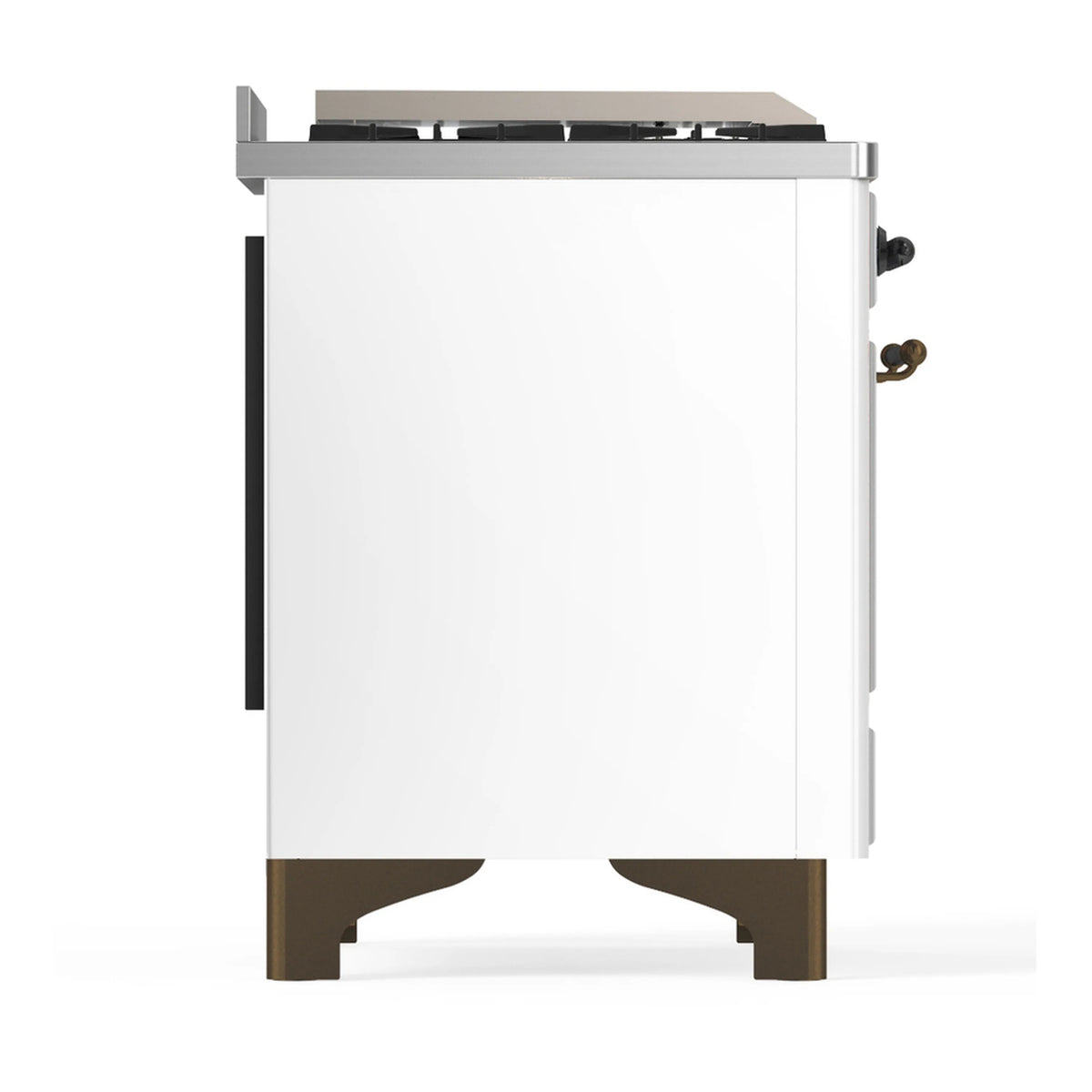 White dual fuel range exterior side panel with vented black inset and brushed trim