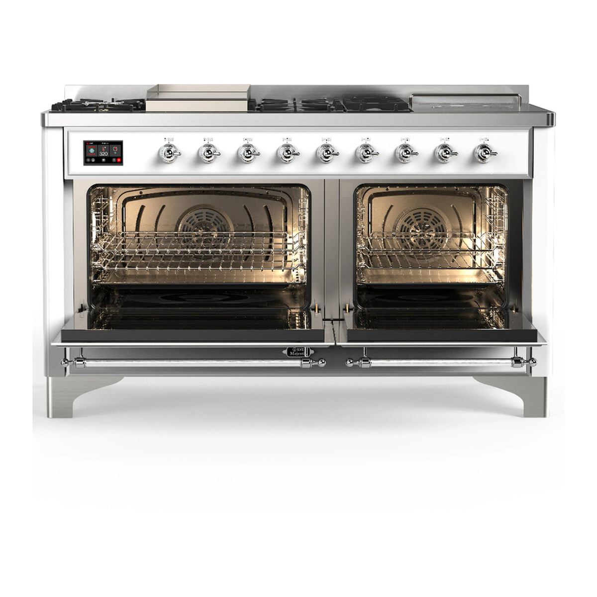 White range with chrome trim, both oven doors open and racks visible inside.