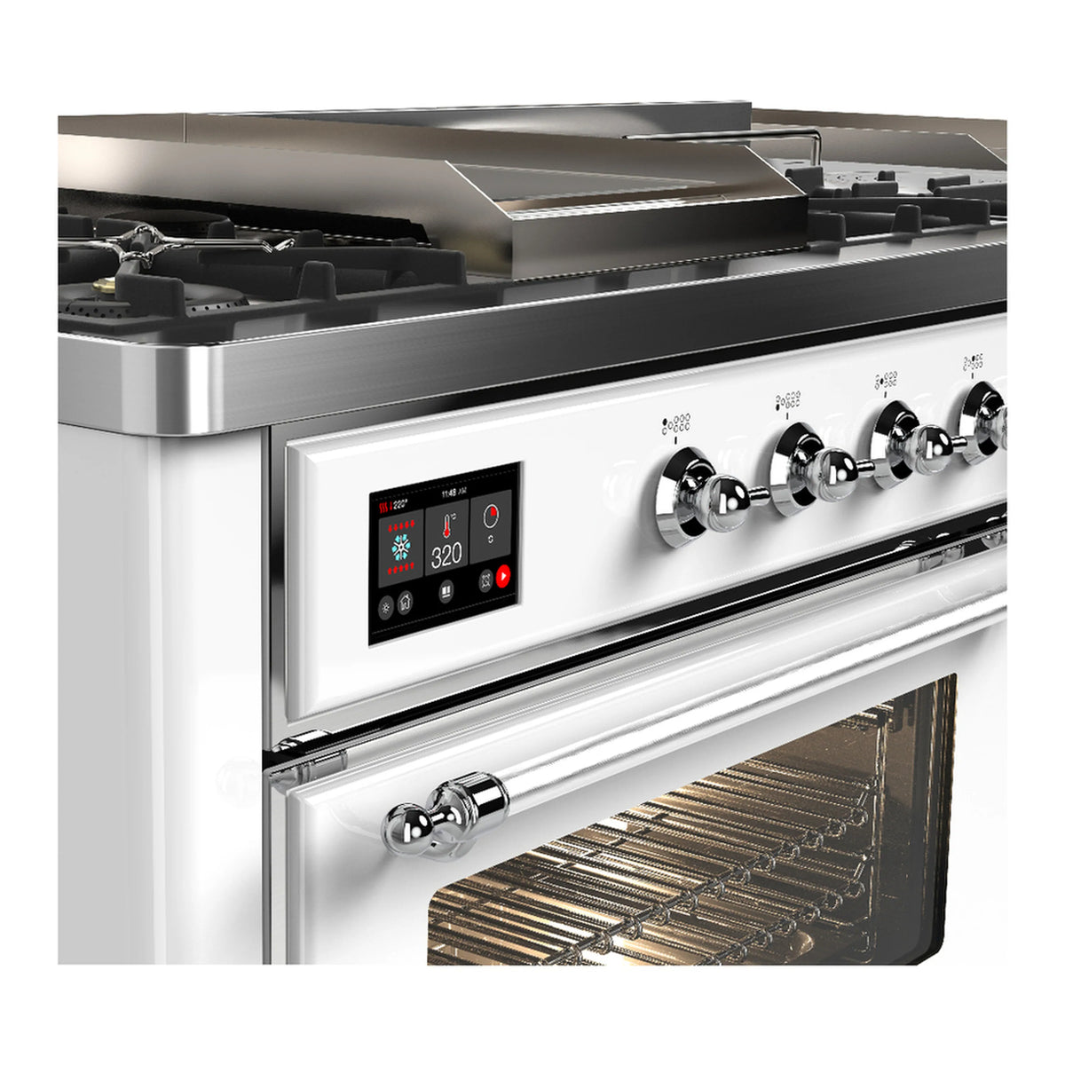 Stainless-and-white dual-fuel range with chrome knobs and open oven door, close-up.
