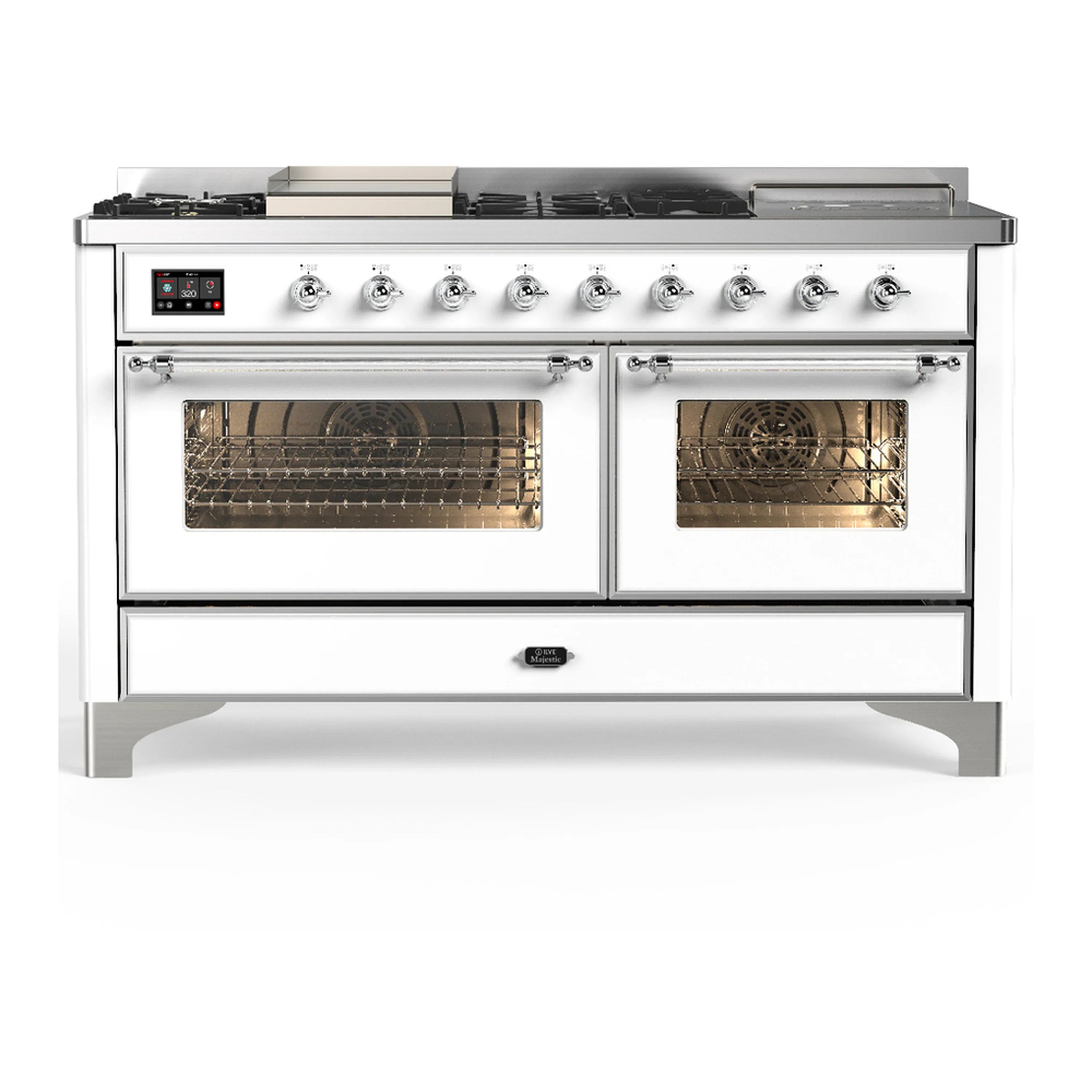 White dual fuel range with chrome trim, control panel, and two oven doors closed