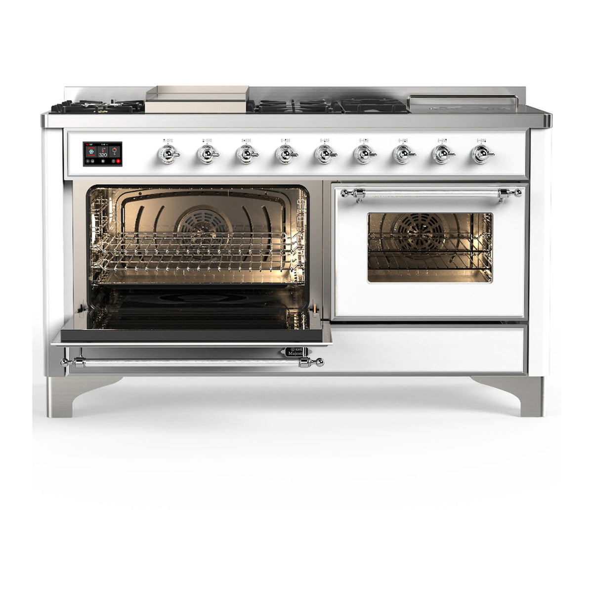 White dual fuel range with chrome trim, left oven open and right oven door open