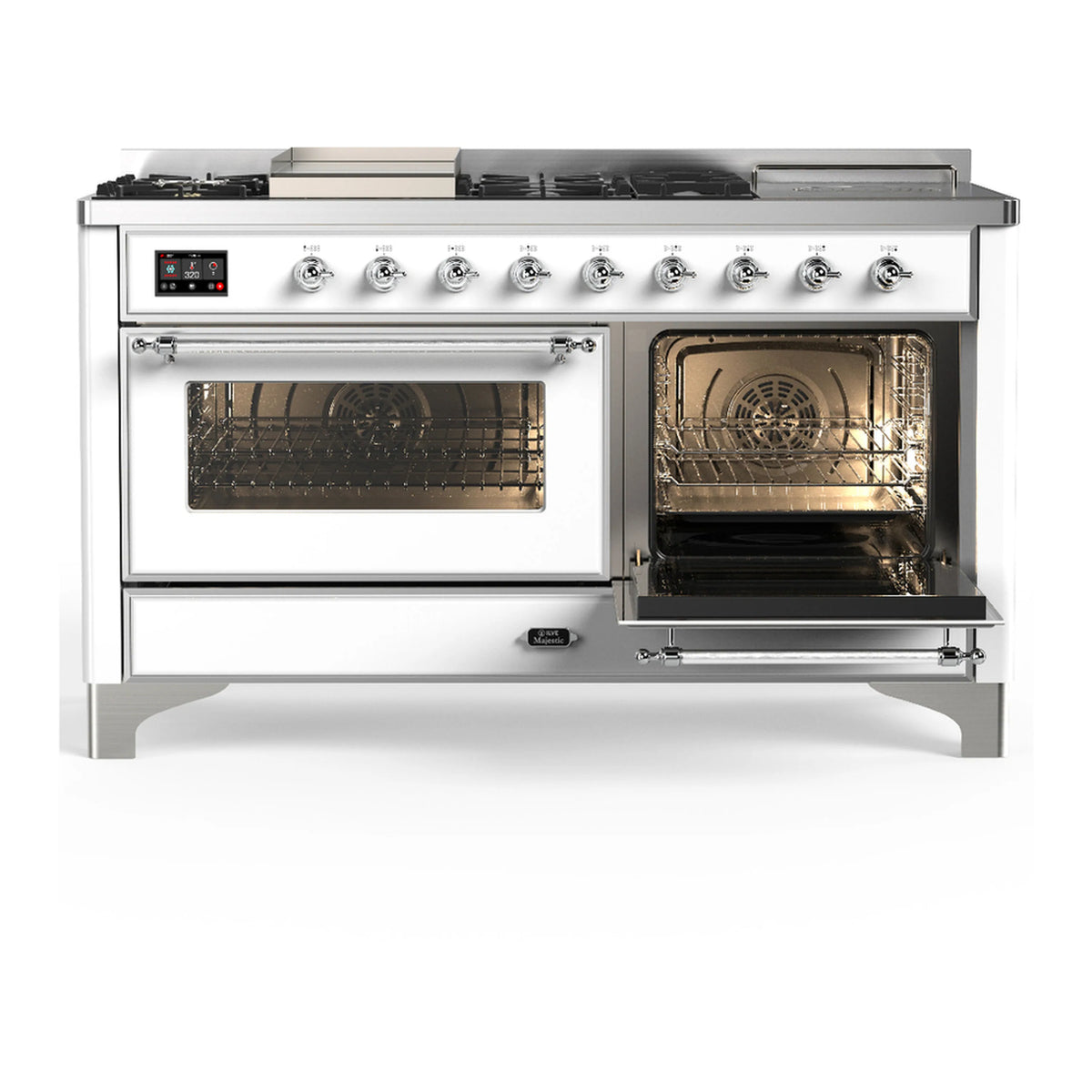 White dual fuel range with chrome trim, both oven doors open and pull-out lower drawer