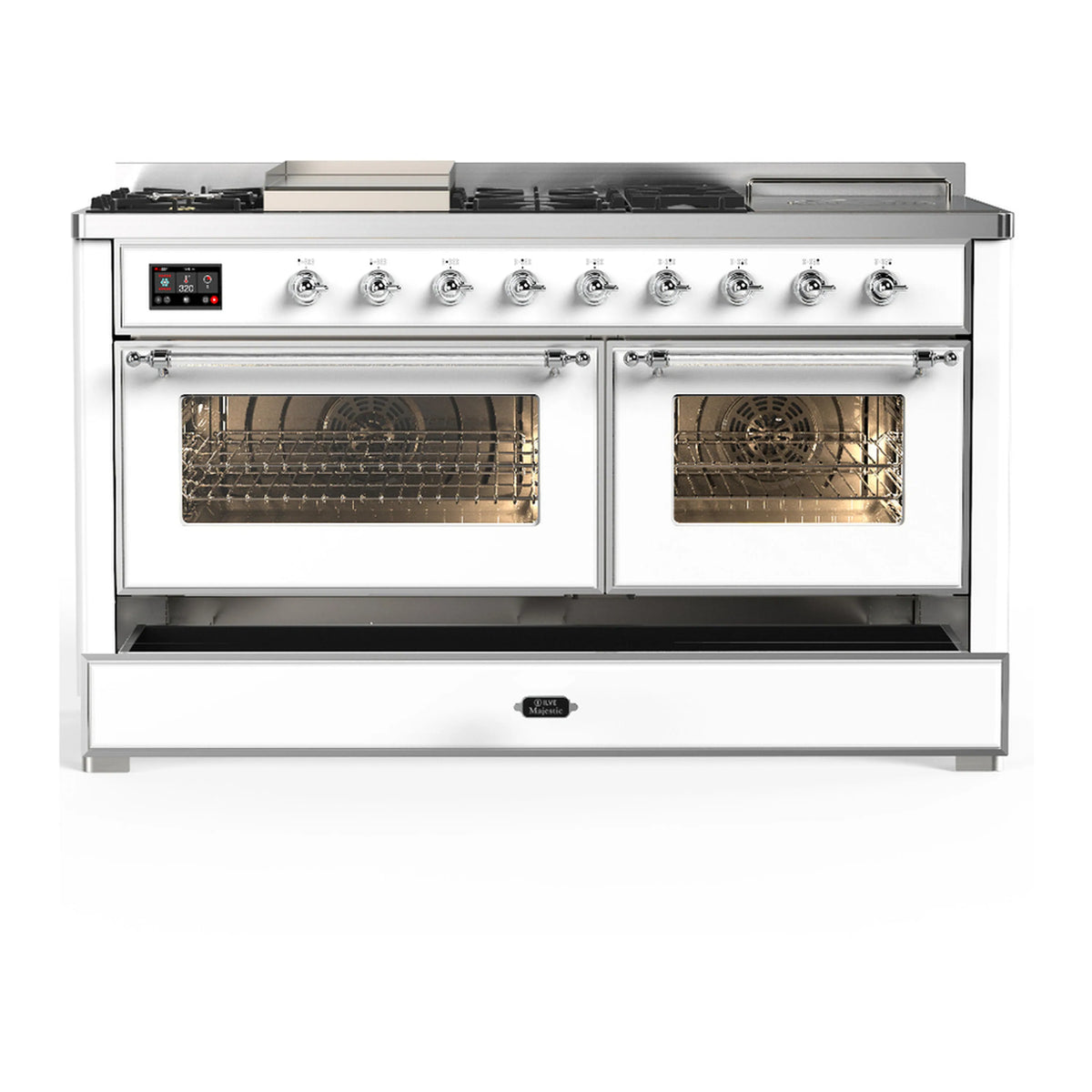 White dual fuel range with chrome trim, both oven doors closed, lower drawer closed