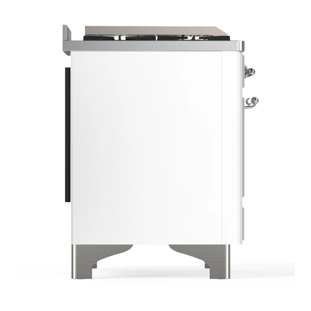 Side view of white dual fuel range with chrome trim and integrated side panel
