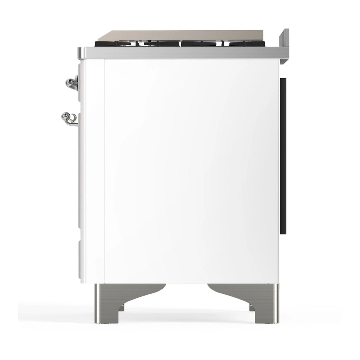 Front-side view of white dual fuel range with chrome legs and side access panel