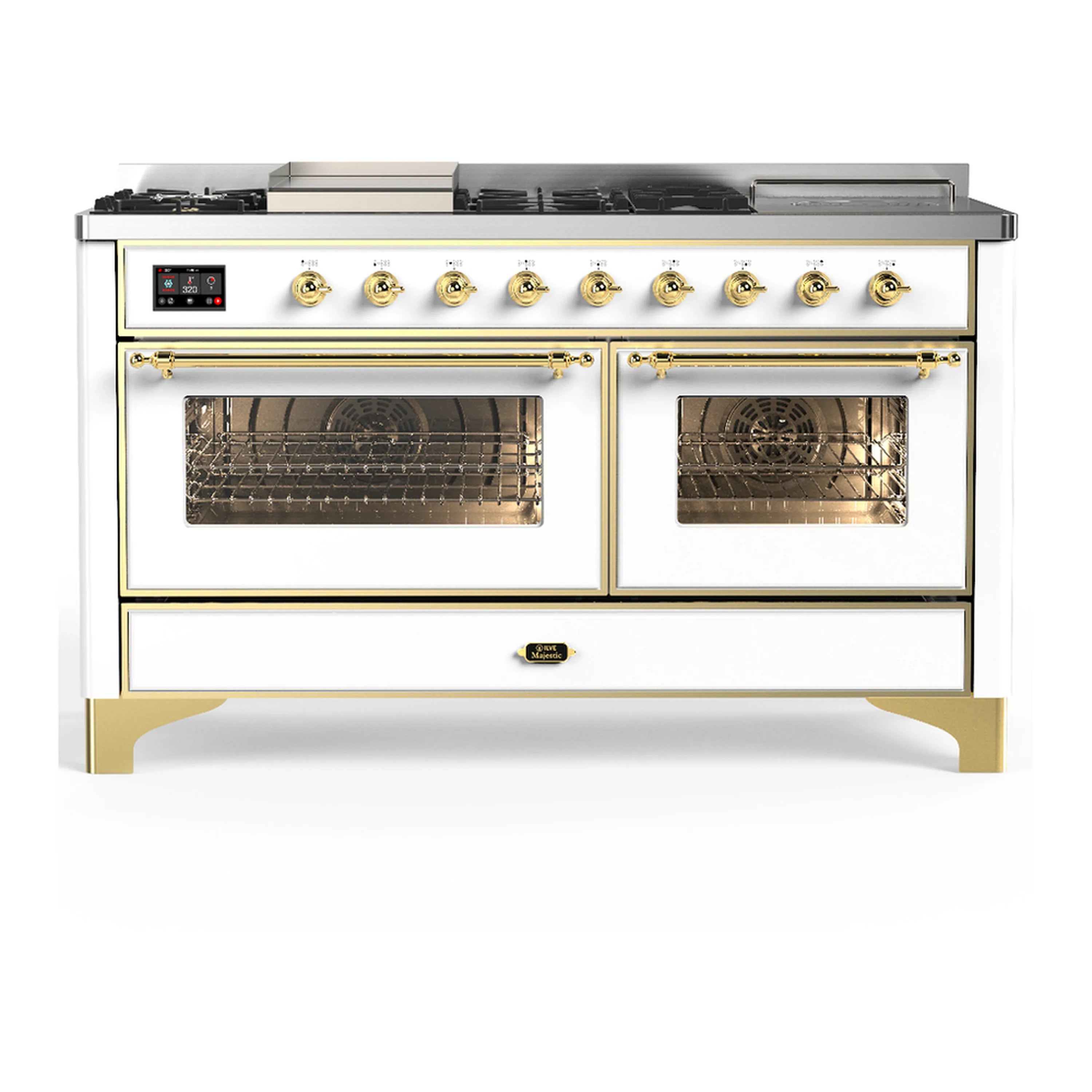 White dual fuel range with brass trim, two oven doors, and gold control knobs