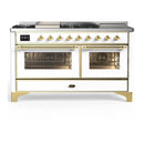 ILVE Majestic III 60-inch Dual Fuel Range with 5 Liquid Propane Burner, Griddle, French Top and Triple Glass Door Electric Oven in White with Brass Trim (UM60FSNR3WHGLP)