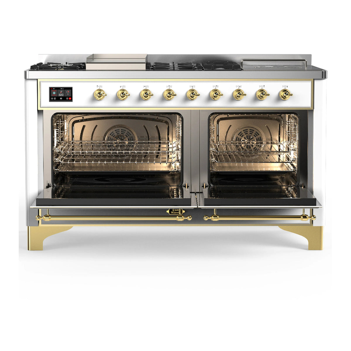 White dual fuel range with brass trim, open oven doors showing racks and heating elements
