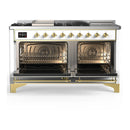ILVE Majestic III 60-inch Dual Fuel Range with 5 Liquid Propane Burner, Griddle, French Top and Triple Glass Door Electric Oven in White with Brass Trim (UM60FSNR3WHGLP)