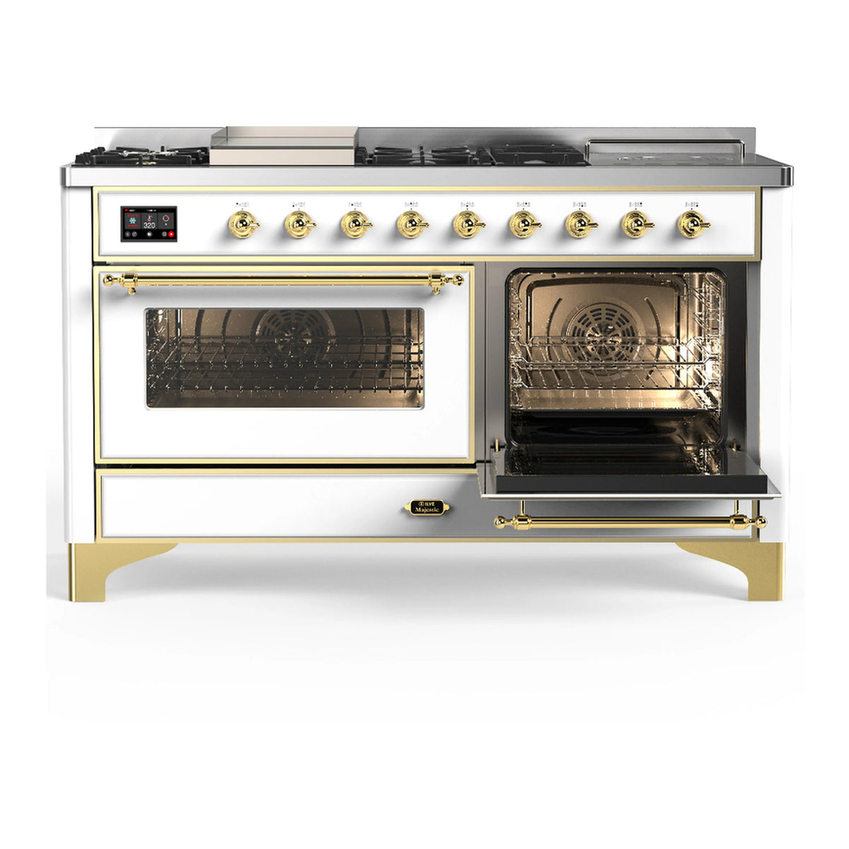 White dual fuel range with brass trim, one oven door open and other closed