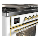 ILVE Majestic III 60-inch Dual Fuel Range with 5 Liquid Propane Burner, Griddle, French Top and Triple Glass Door Electric Oven in White with Brass Trim (UM60FSNR3WHGLP)