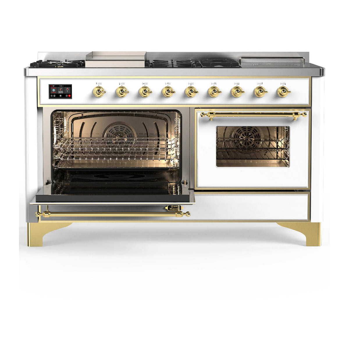 White dual fuel range with brass trim; one oven open, second oven closed, visible knobs