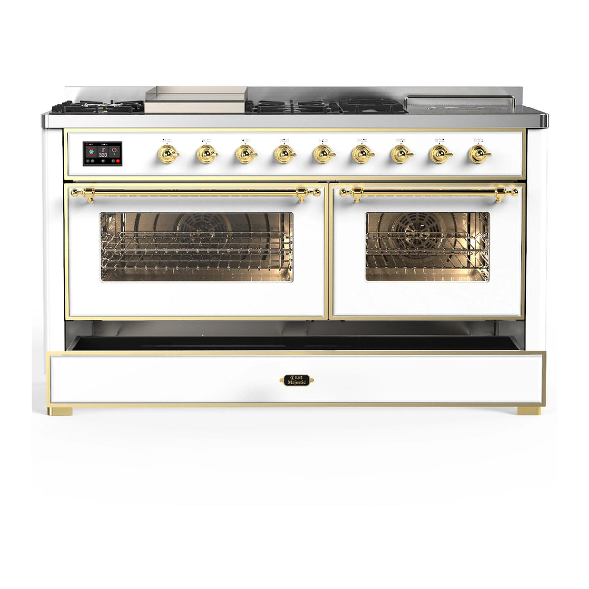 White dual fuel range with brass trim; two oven doors open with interior racks visible