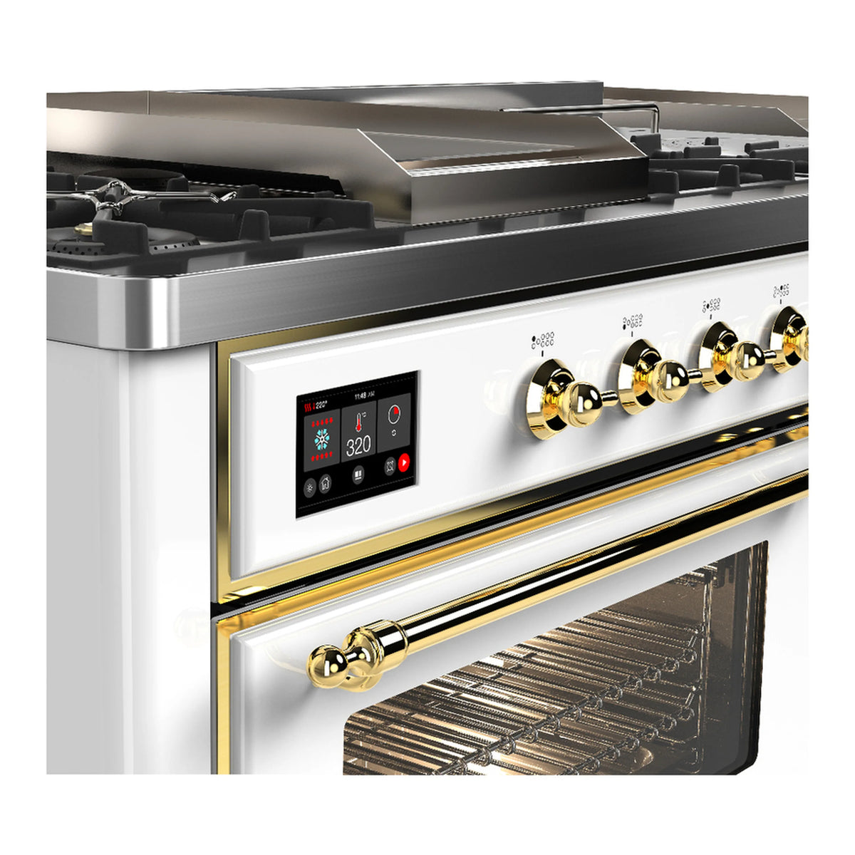 White dual fuel range with brass trim; close-up of controls and open oven with rack