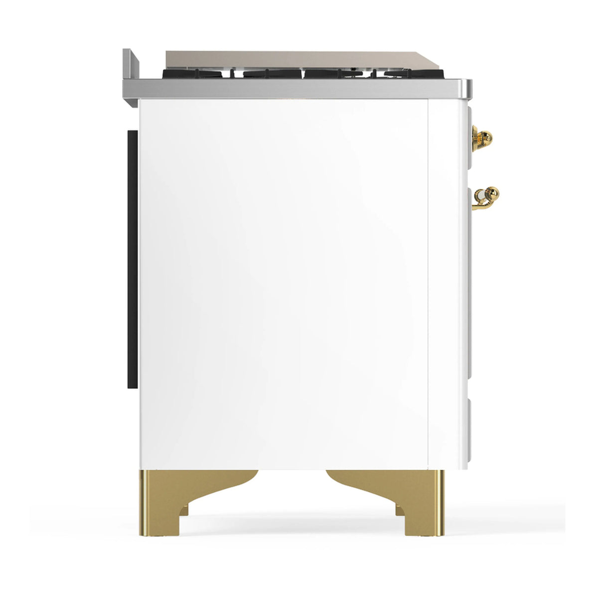 White dual fuel range with brass trim; side view showing cabinet door and oven handle