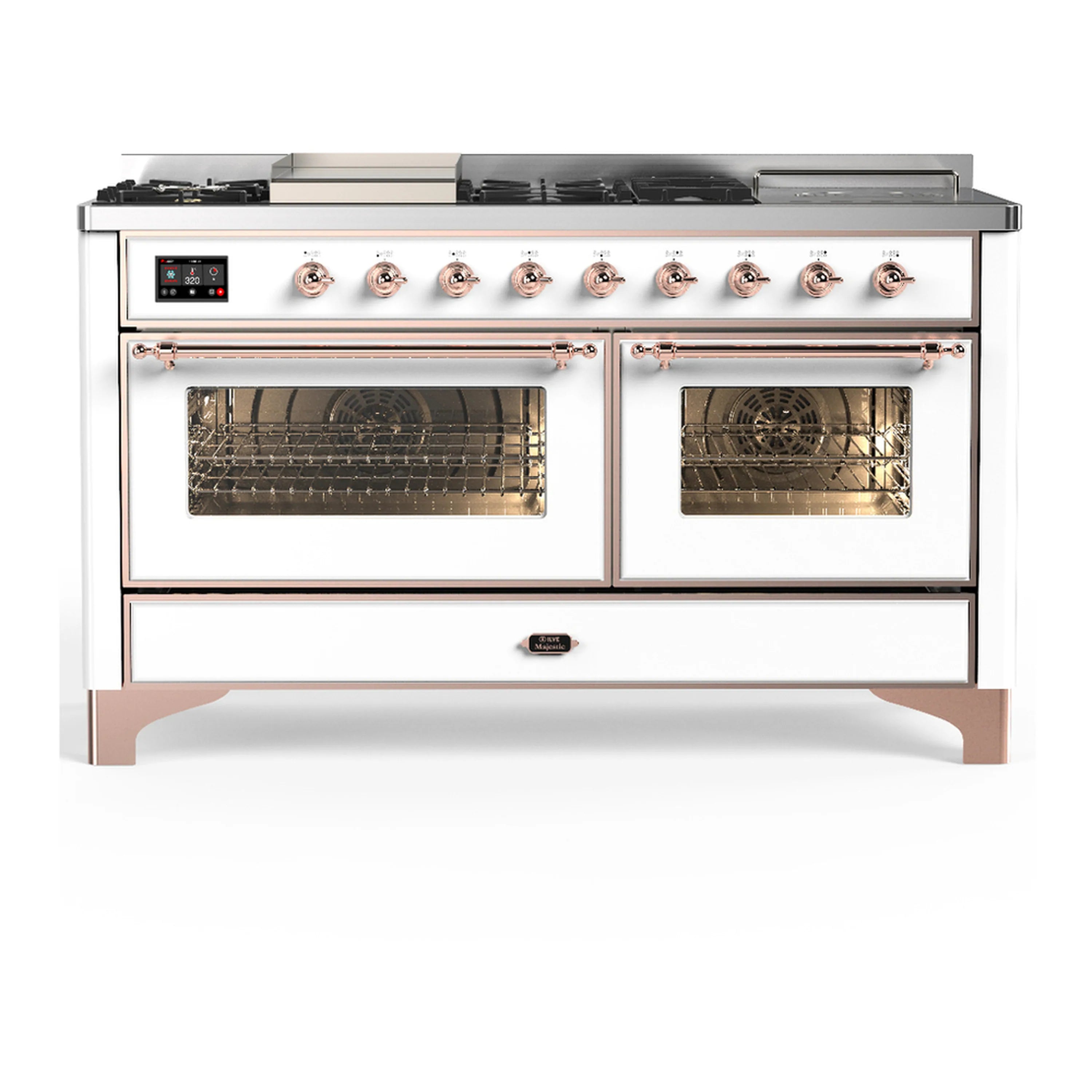 Dual fuel range oven with white doors, copper trim, and open double oven chambers