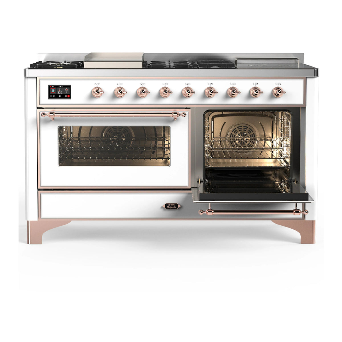 White dual fuel range with copper trim; left oven open and right oven open