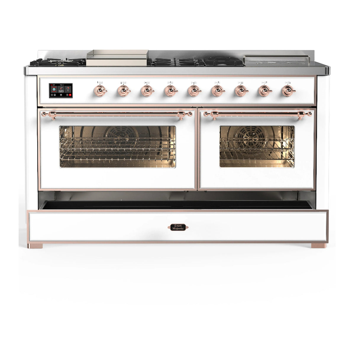 White dual fuel range with copper trim and two oven doors open to reveal racks