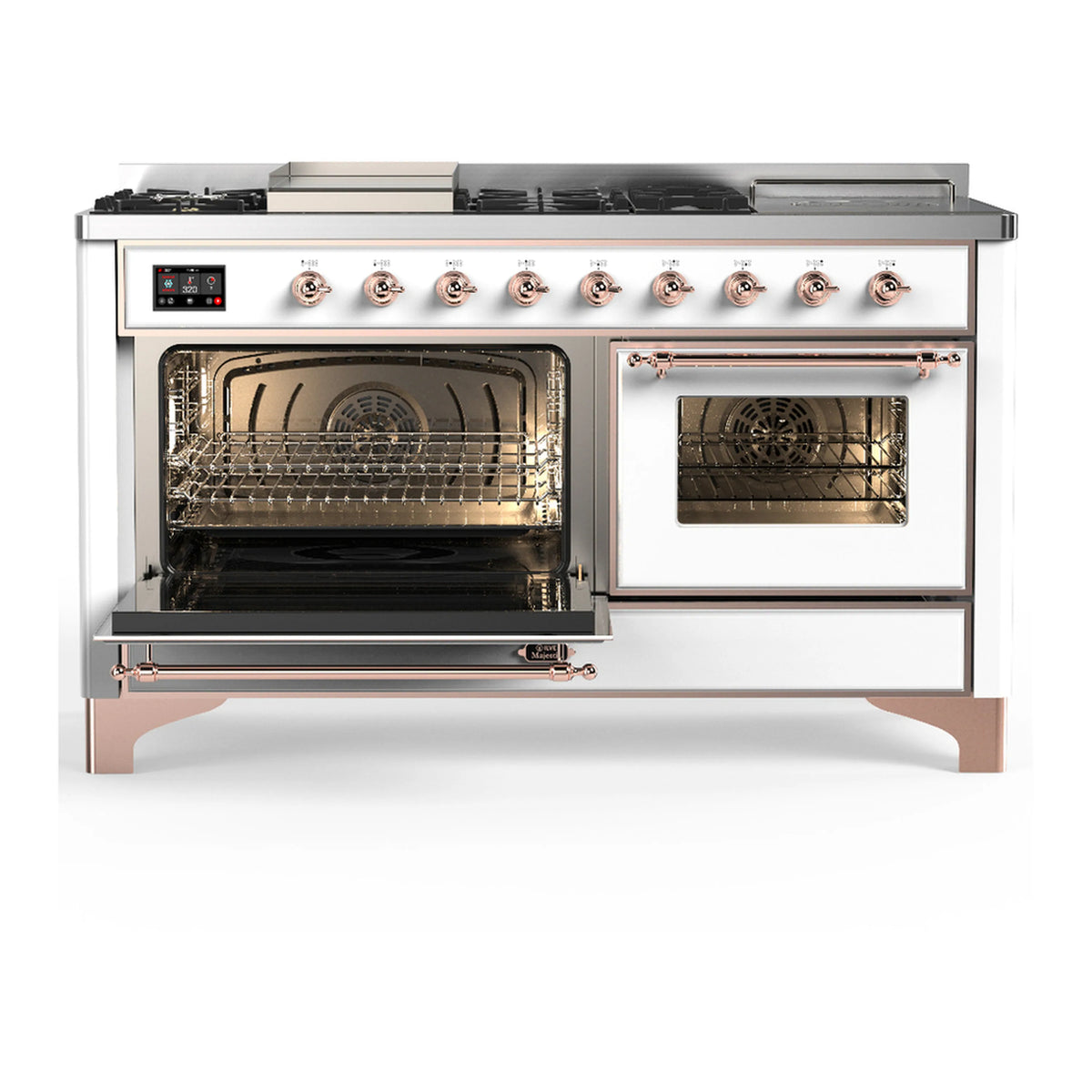 White dual fuel range with copper trim, left and right oven doors open