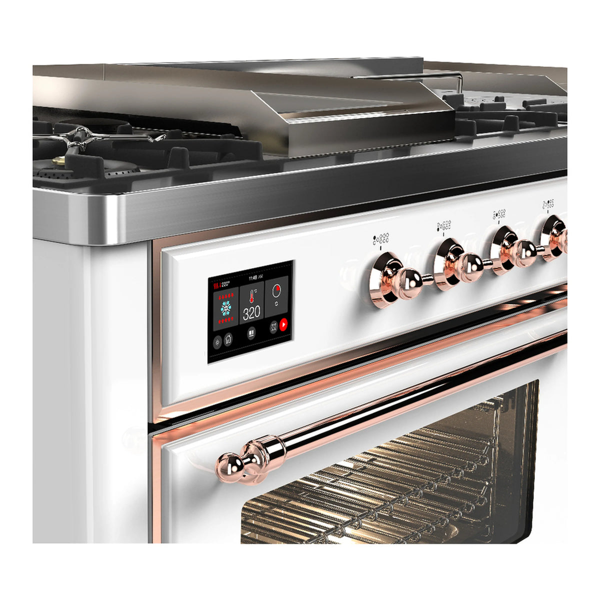 White dual fuel range close-up of copper-trim control panel and oven door