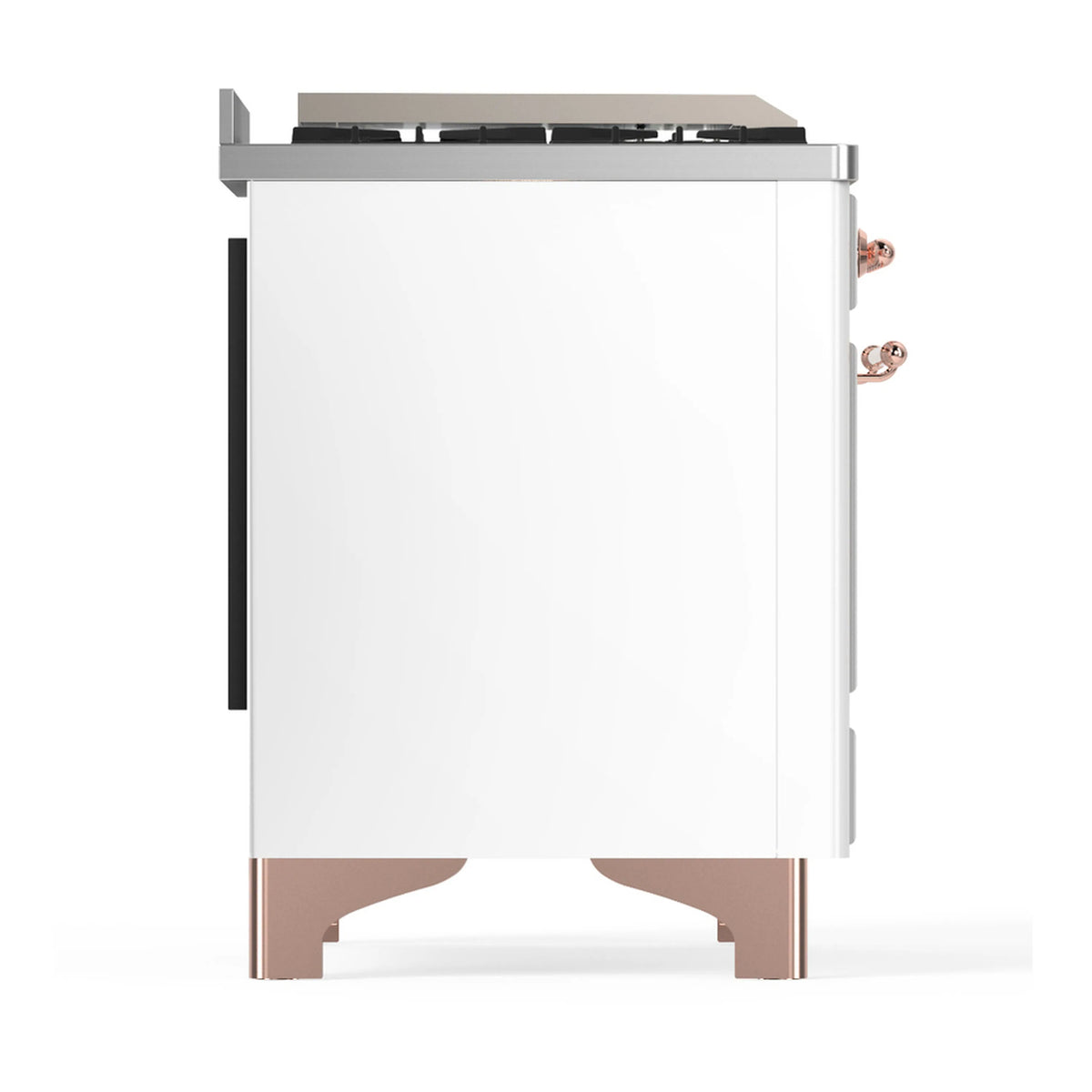 White side view of dual fuel range with copper-trim base and black vent panel