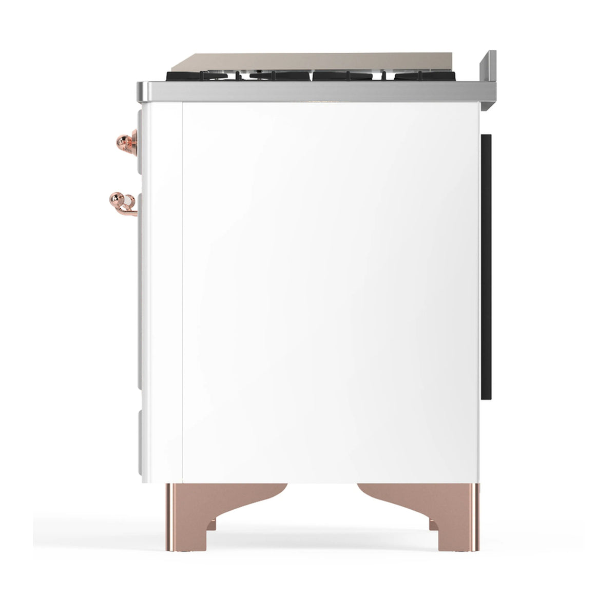 White side view of dual fuel range with copper base trim and side door handle