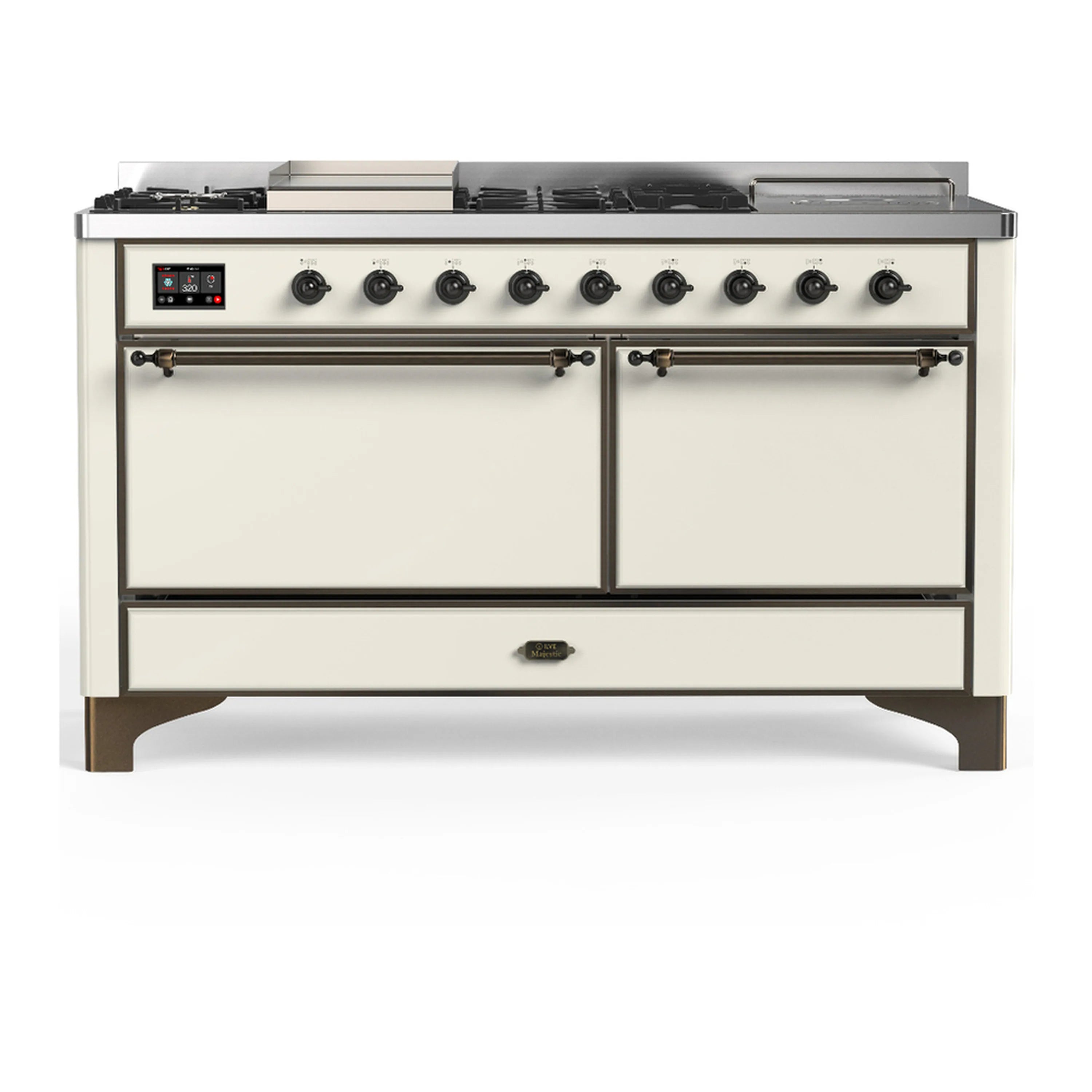ILVE dual fuel range in antique white with burnished trim, front knobs, and two closed oven doors